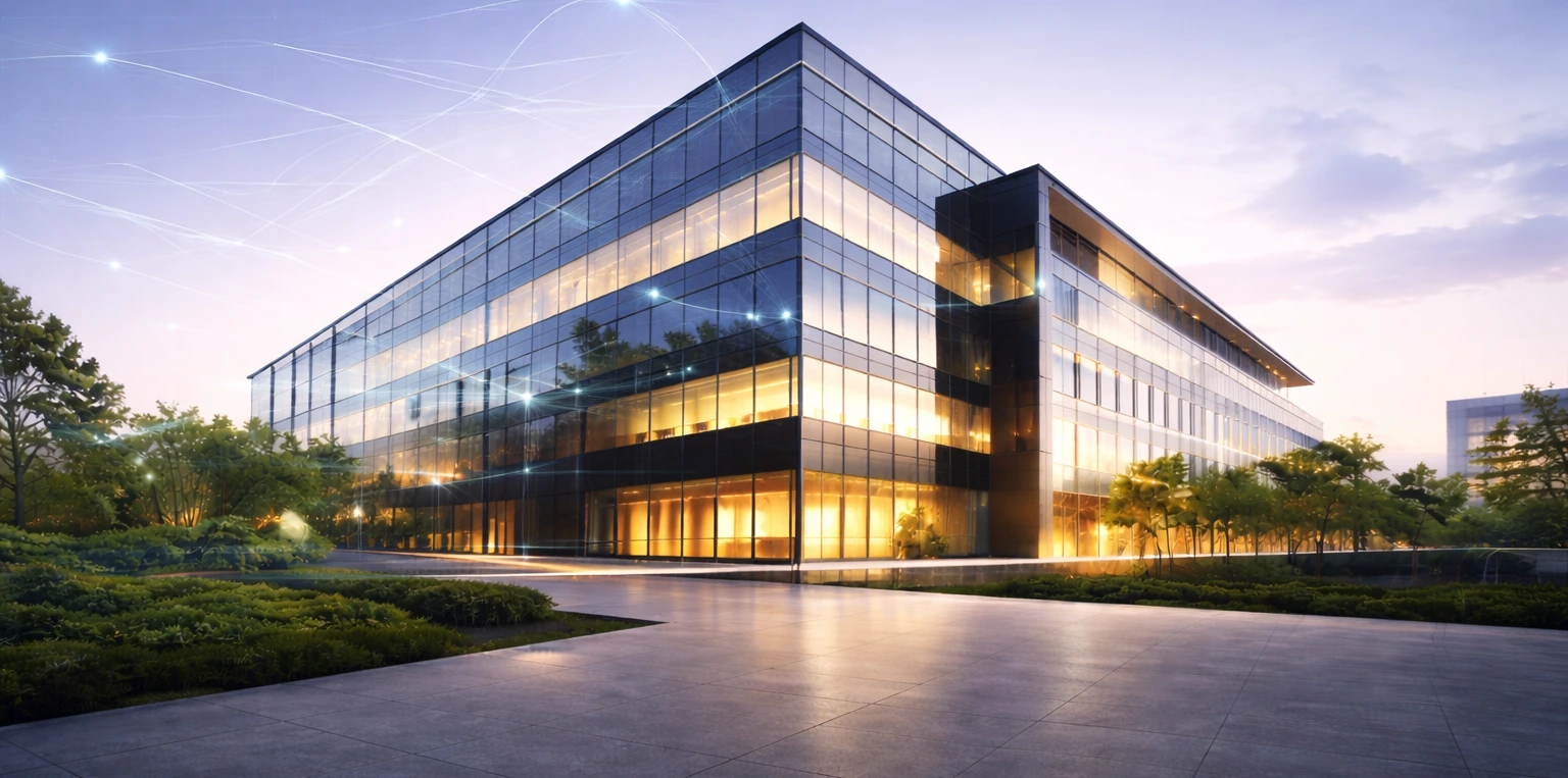 Modern commercial building with CCTV cameras, access control reader and alarm keypad at main entry